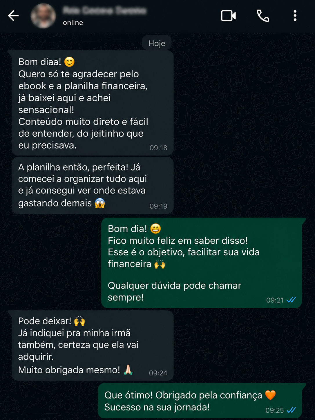 Depoimento de cliente 2 elogiando o kit financeiro no WhatsApp