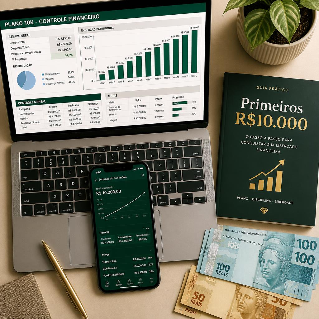 Notebook com planilha financeira, celular com gráficos, ebook Primeiros R$10.000 e cédulas de real